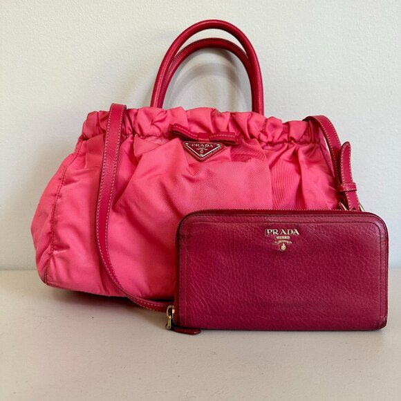 AUTH PRADA PINK TESSUTO NYLON SATCHEL BAG AND LEATHER ZIP-AROUND LONG WALLET SET - Picture 1 of 16